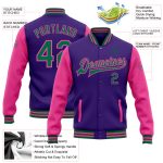 Personalized Purple Kelly Green-Pink Bomber Full-Snap Varsity Letterman Two Tone Jacket Team Custom Name and Number