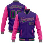 Personalized Purple Kelly Green-Pink Bomber Full-Snap Varsity Letterman Two Tone Jacket Team Custom Name and Number