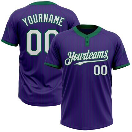 Personalized Purple Kelly Green Pinstripe White Two-Button Unisex Softball Jersey Team Custom Name and Number