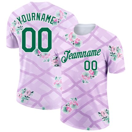 Personalized Purple Kelly Green-White 3D Pattern Design Flowers Performance T-Shirt Team Custom Name and Number