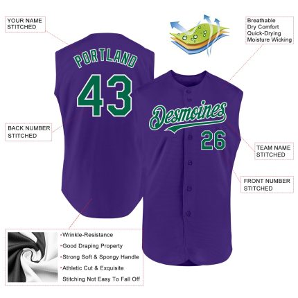 Personalized Purple Kelly Green-White Authentic Sleeveless Baseball Jersey
