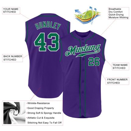 Personalized Purple Kelly Green-White Authentic Sleeveless Baseball Jersey Team Custom Name and Number