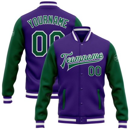 Personalized Purple Kelly Green-White Bomber Full-Snap Varsity Letterman Two Tone Jacket Team Custom Name and Number