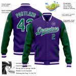 Personalized Purple Kelly Green-White Bomber Full-Snap Varsity Letterman Two Tone Jacket Team Custom Name and Number
