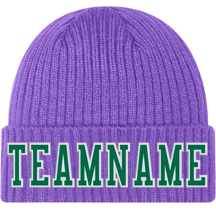 Personalized Purple Kelly Green-White Stitched Cuffed Knit Hat Team Custom Name and Number
