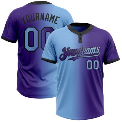 Personalized Purple Light Blue-Black Gradient Fashion Two-Button Unisex Softball Jersey Team Custom Name and Number