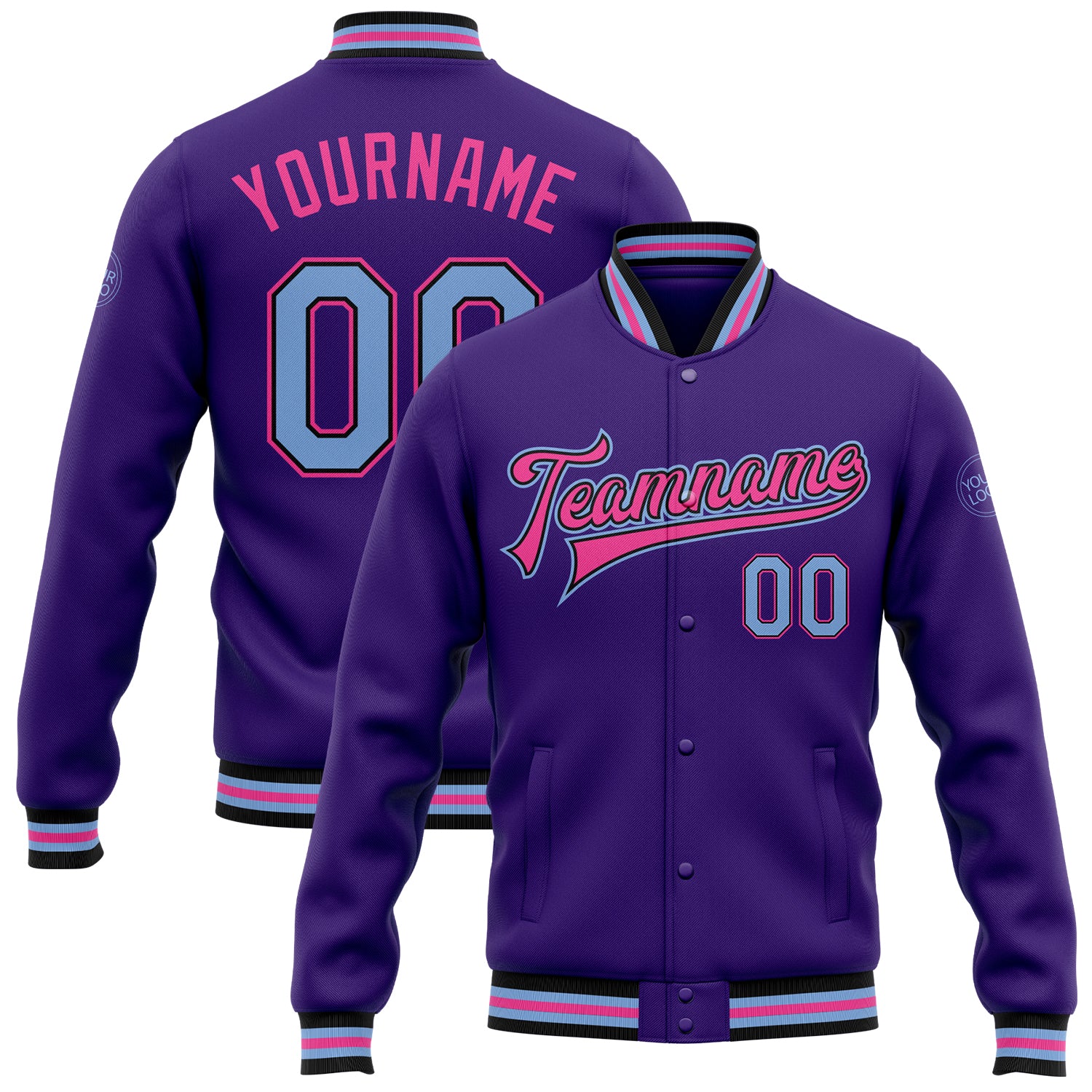 Personalized Purple Light Blue Black-Pink Bomber Full-Snap Varsity Letterman Jacket Team Custom Name and Number