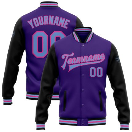Personalized Purple Light Blue Black-Pink Bomber Full-Snap Varsity Letterman Two Tone Jacket Team Custom Name and Number