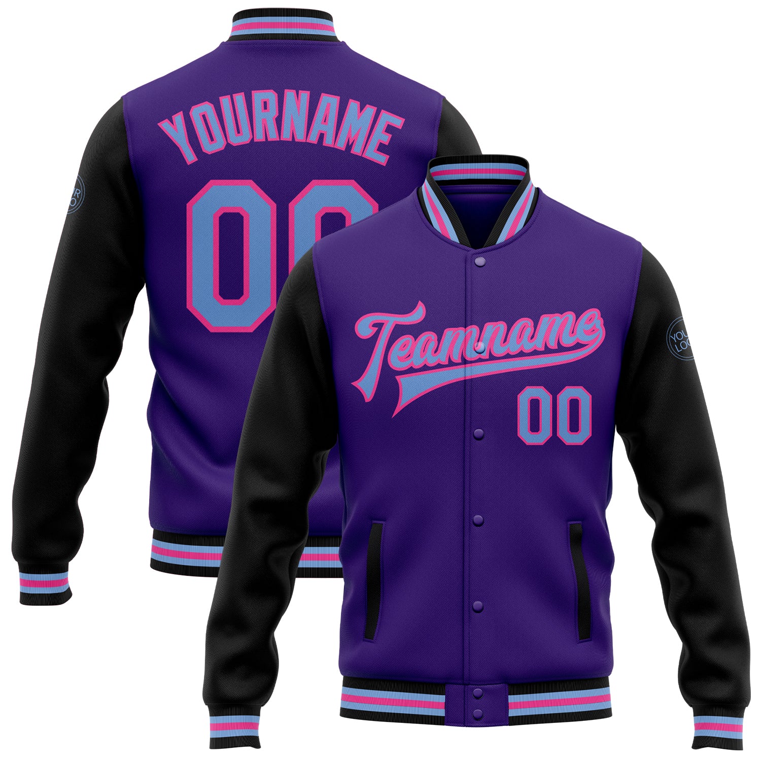 Personalized Purple Light Blue Black-Pink Bomber Full-Snap Varsity Letterman Two Tone Jacket Team Custom Name and Number