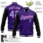 Personalized Purple Light Blue Black-Pink Bomber Full-Snap Varsity Letterman Two Tone Jacket Team Custom Name and Number