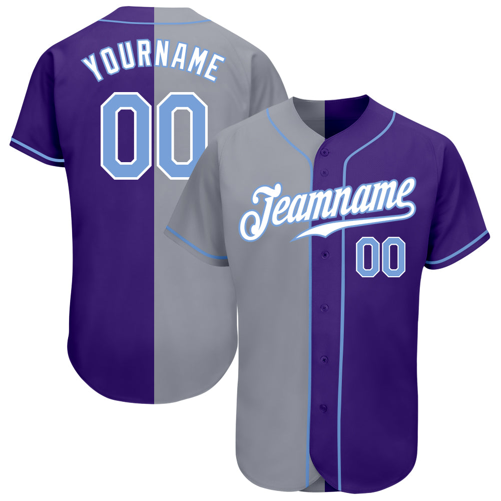 Personalized Purple Light Blue-Gray Authentic Split Fashion Baseball Jersey Team Custom Name and Number
