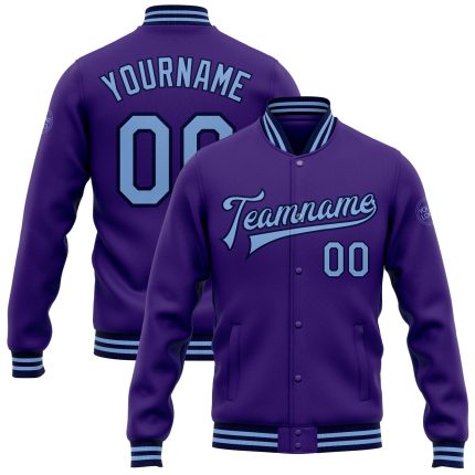 Personalized Purple Light Blue-Navy Bomber Full-Snap Varsity Letterman Jacket Team Custom Name and Number
