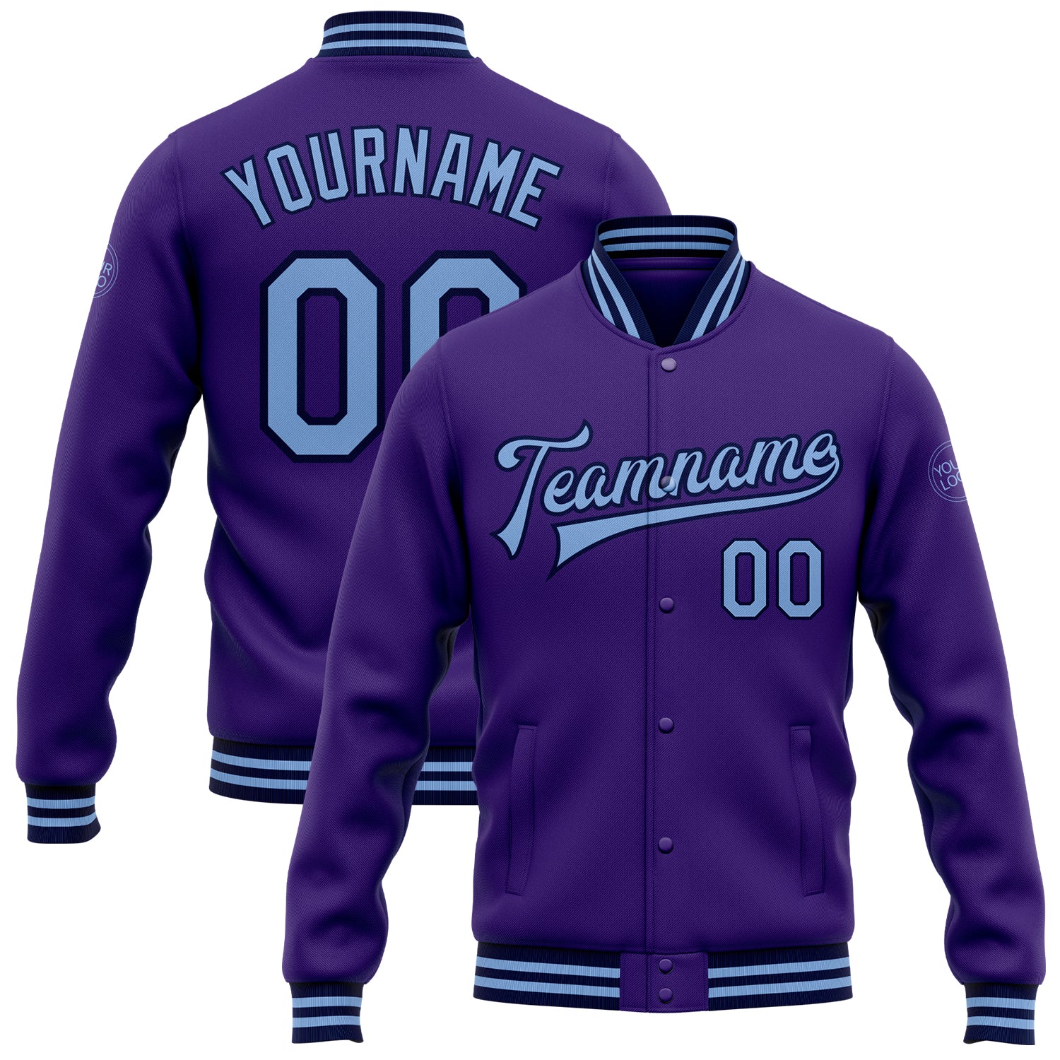Personalized Purple Light Blue-Navy Bomber Full-Snap Varsity Letterman Jacket Team Custom Name and Number