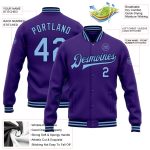 Personalized Purple Light Blue-Navy Bomber Full-Snap Varsity Letterman Jacket Team Custom Name and Number