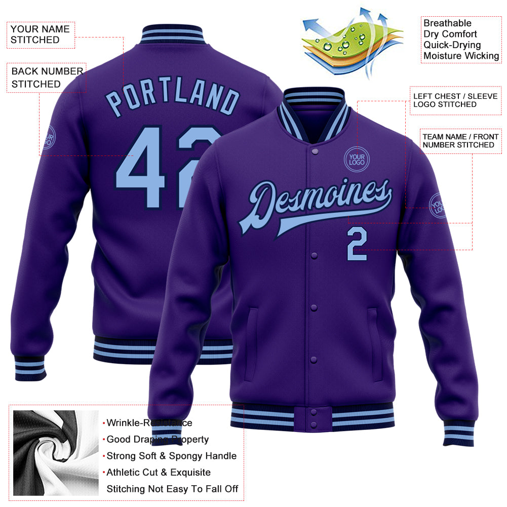 Personalized Purple Light Blue-Navy Bomber Full-Snap Varsity Letterman Jacket Team Custom Name and Number Personalized Purple Light Blue-Navy Bomber Full-Snap Varsity Letterman Jacket Team Custom Name and Number - Image 3