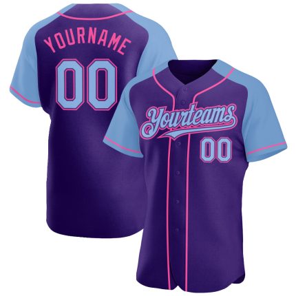 Personalized Purple Light Blue-Pink Authentic Raglan Sleeves Baseball Jersey Team Custom Name and Number