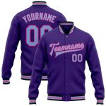Personalized Purple Light Blue Pink-Black Bomber Full-Snap Varsity Letterman Jacket Team Custom Name and Number