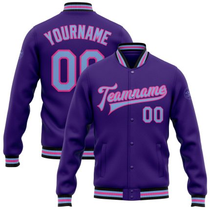 Personalized Purple Light Blue Pink-Black Bomber Full-Snap Varsity Letterman Jacket Team Custom Name and Number