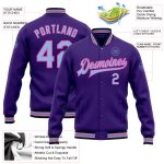 Personalized Purple Light Blue Pink-Black Bomber Full-Snap Varsity Letterman Jacket Team Custom Name and Number