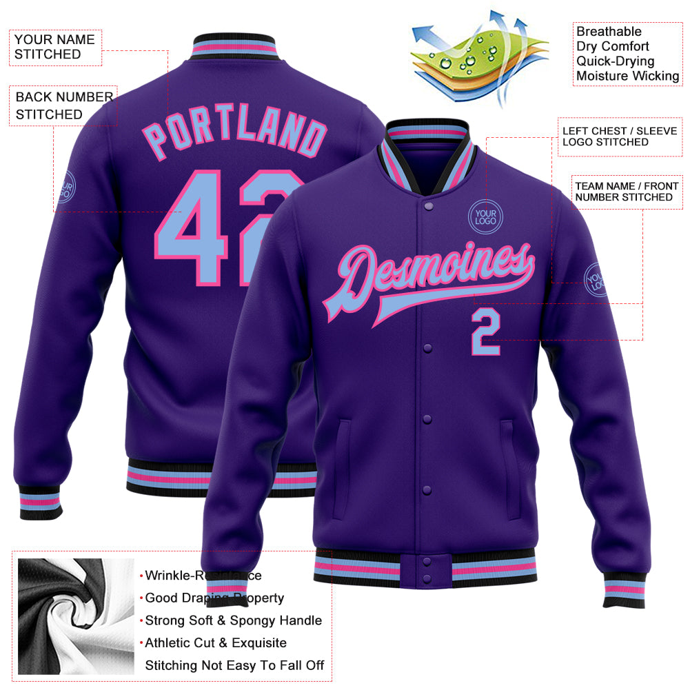 Personalized Purple Light Blue Pink-Black Bomber Full-Snap Varsity Letterman Jacket Team Custom Name and Number Personalized Purple Light Blue Pink-Black Bomber Full-Snap Varsity Letterman Jacket Team Custom Name and Number - Image 3