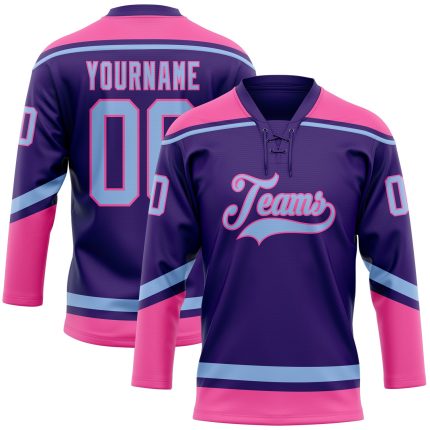 Personalized Purple Light Blue-Pink Hockey Lace Neck Jersey Team Custom Name and Number