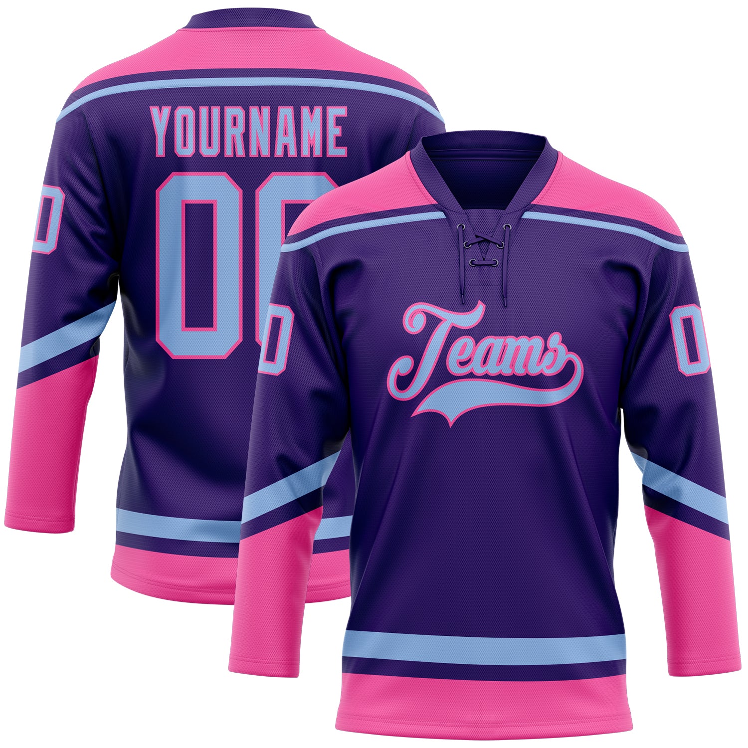 Personalized Purple Light Blue-Pink Hockey Lace Neck Jersey Team Custom Name and Number