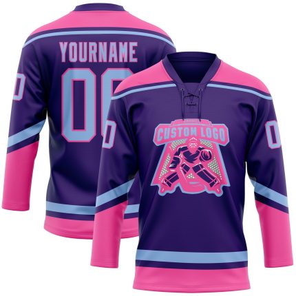 Personalized Purple Light Blue-Pink Hockey Lace Neck Jersey Team Custom Name and Number
