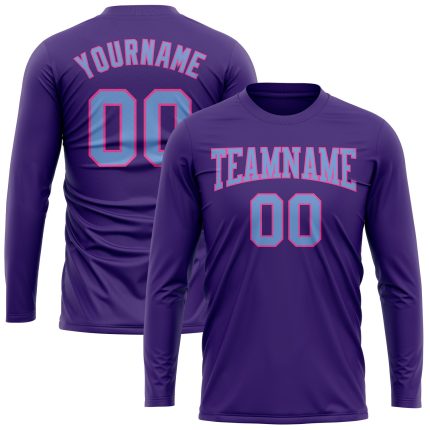 Personalized Purple Light Blue-Pink Long Sleeve Performance T-Shirt Team Custom Name and Number