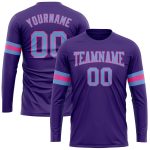 Personalized Purple Light Blue-Pink Long Sleeve Performance T-Shirt Team Custom Name and Number