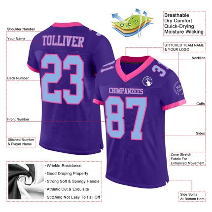 Personalized Purple Light Blue-Pink Mesh Authentic Football Jersey