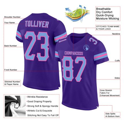 Personalized Purple Light Blue-Pink Mesh Authentic Football Jersey Team Custom Name and Number