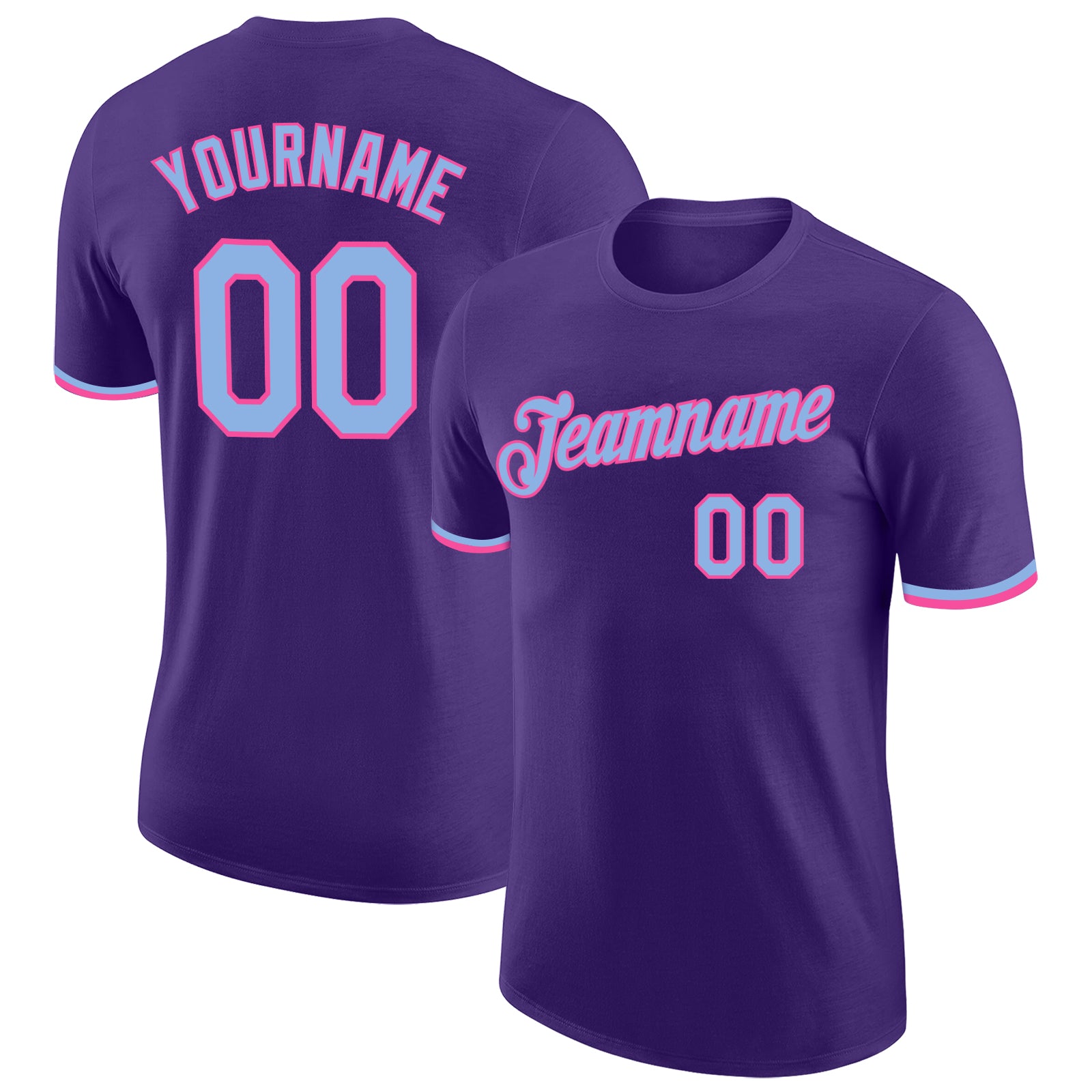 Personalized Purple Light Blue-Pink Performance T-Shirt Team Custom Name and Number