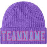 Personalized Purple Light Blue-Pink Stitched Cuffed Knit Hat Team Custom Name and Number