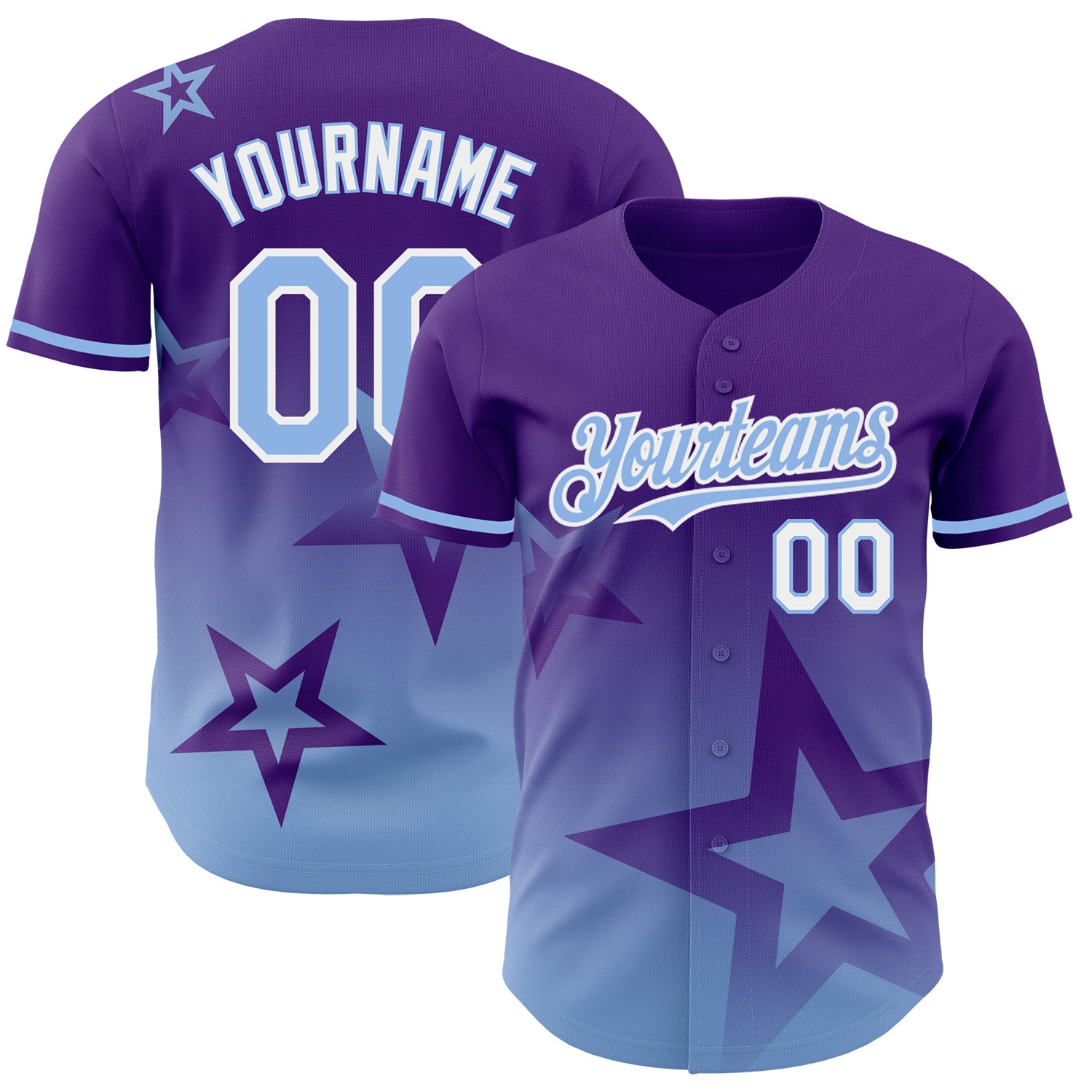 Personalized Purple Light Blue-White 3D Pattern Design Gradient Style Twinkle Star Authentic Baseball Jersey Team Custom Name and Number