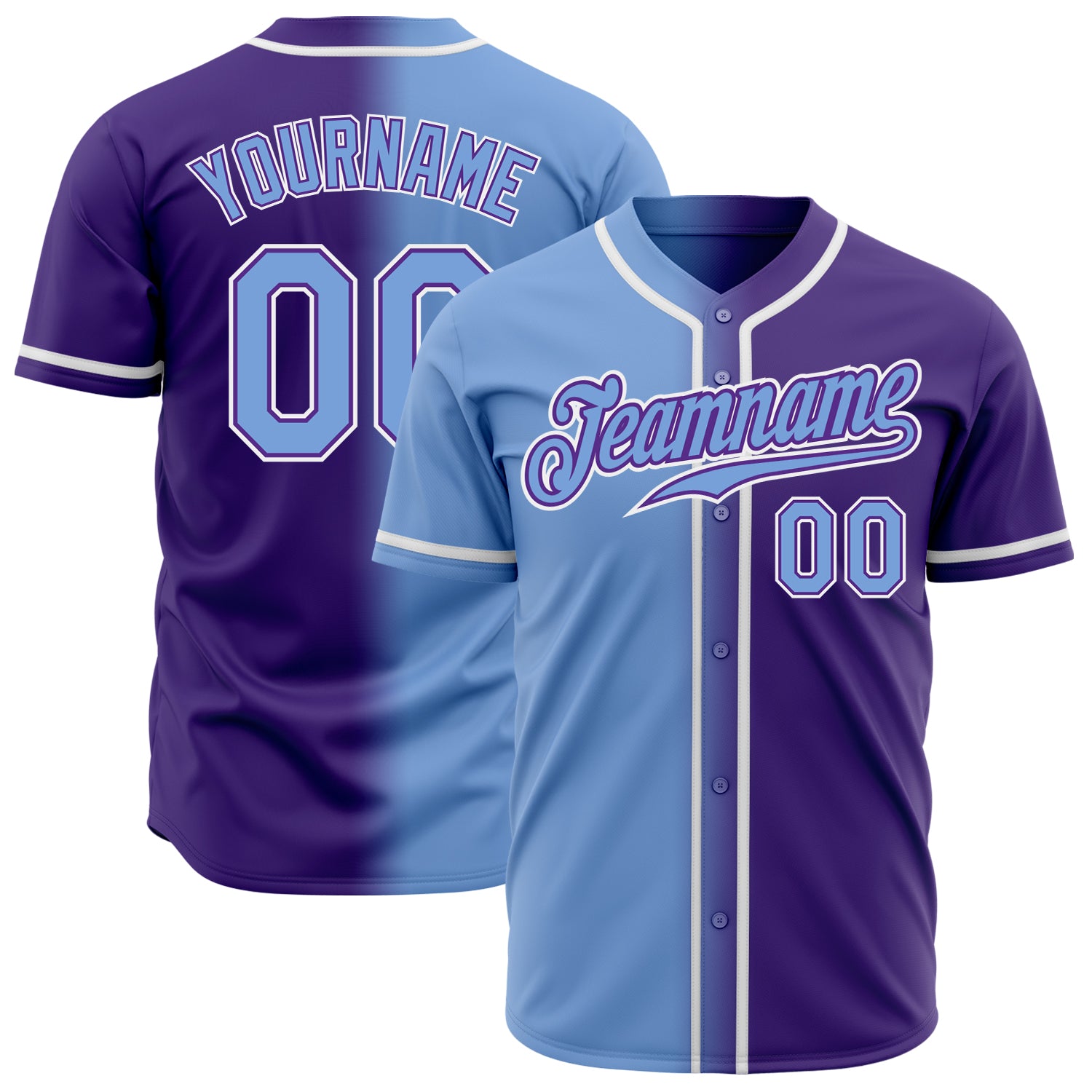 Personalized Purple Light Blue-White Authentic Gradient Fashion Baseball Jersey Team Custom Name and Number