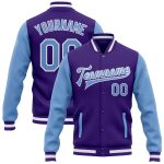 Personalized Purple Light Blue-White Bomber Full-Snap Varsity Letterman Two Tone Jacket Team Custom Name and Number