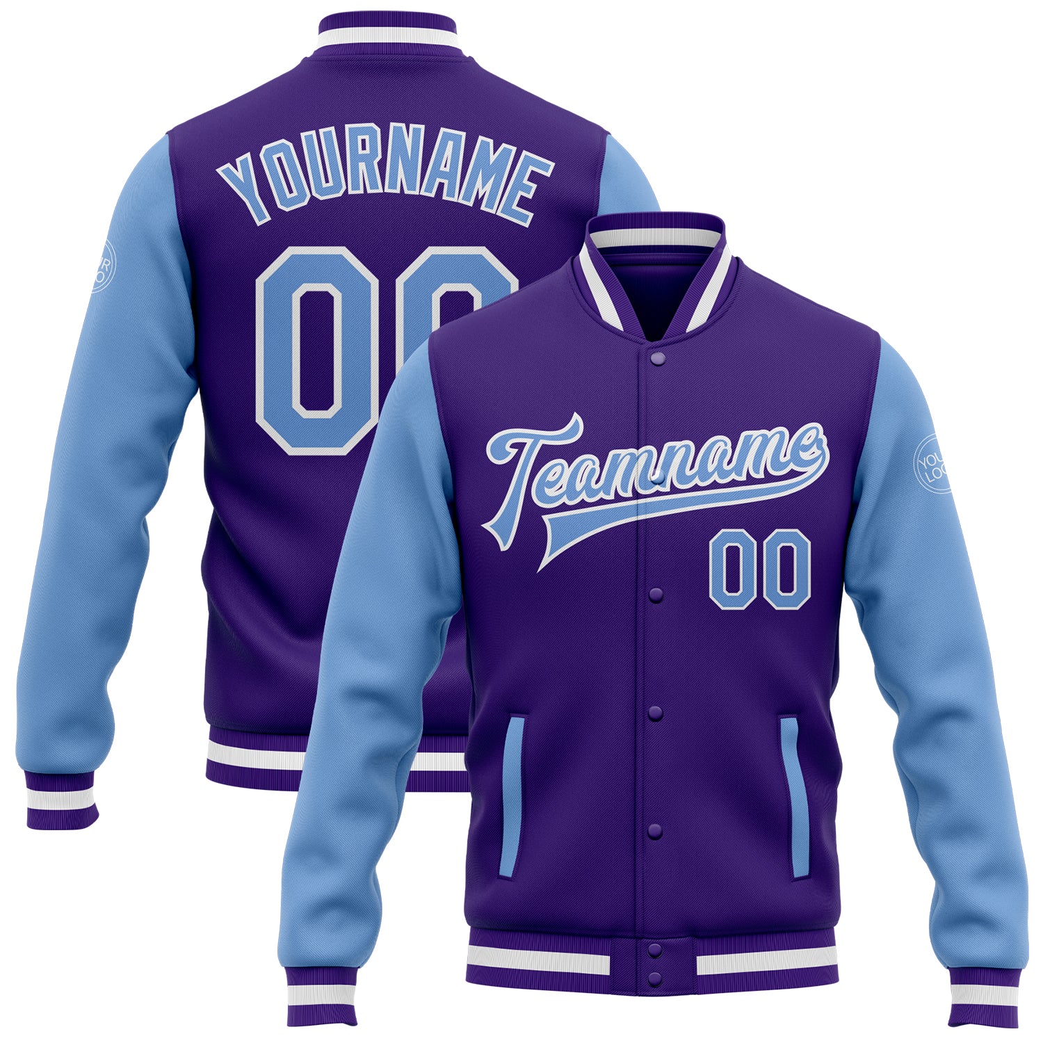 Personalized Purple Light Blue-White Bomber Full-Snap Varsity Letterman Two Tone Jacket Team Custom Name and Number