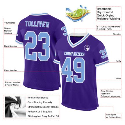 Personalized Purple Light Blue-White Mesh Authentic Throwback Football Jersey Team Custom Name and Number