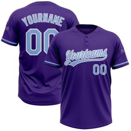 Personalized Purple Light Blue-White Two-Button Unisex Softball Jersey Team Custom Name and Number