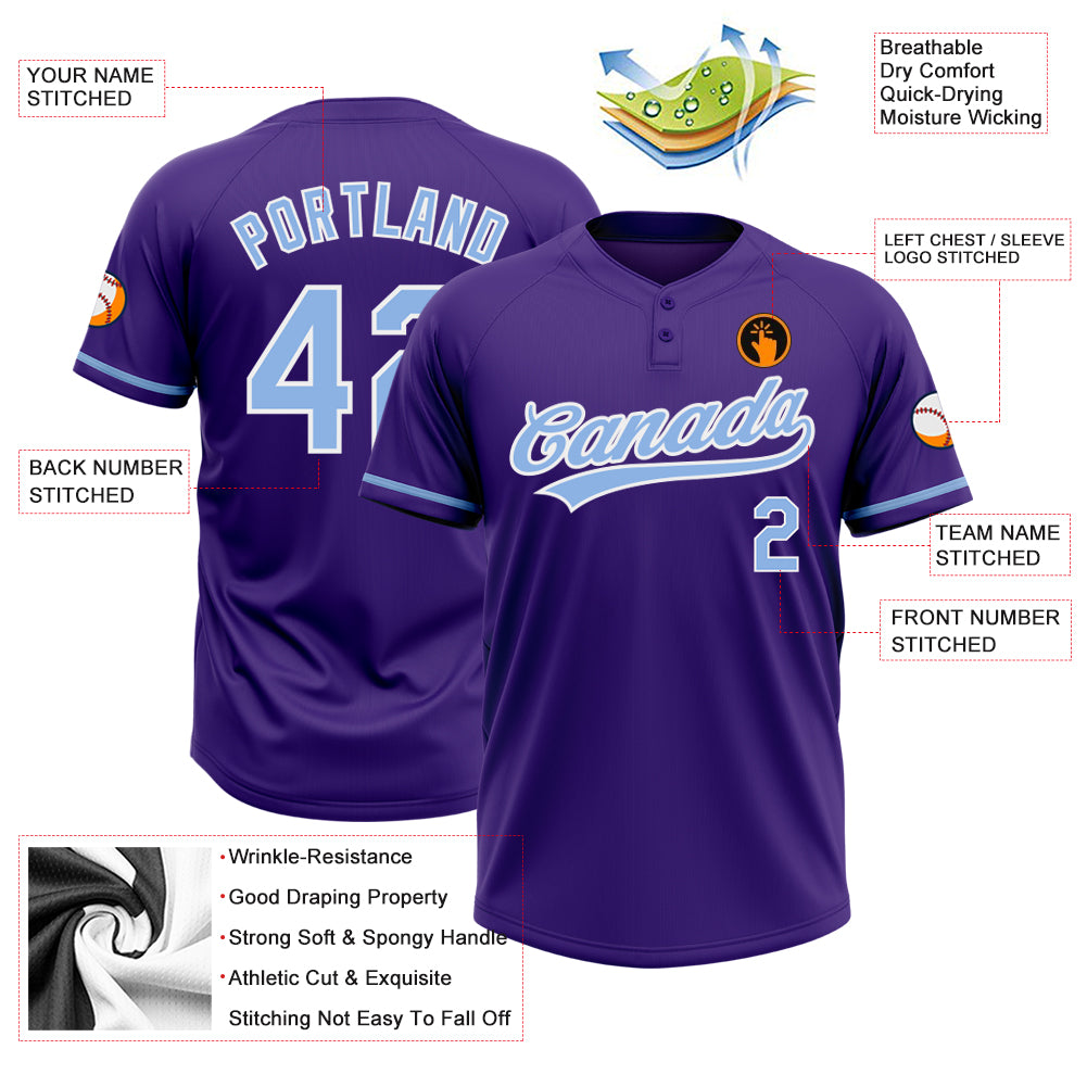Personalized Purple Light Blue-White Two-Button Unisex Softball Jersey Team Custom Name and Number Personalized Purple Light Blue-White Two-Button Unisex Softball Jersey Team Custom Name and Number - Image 3