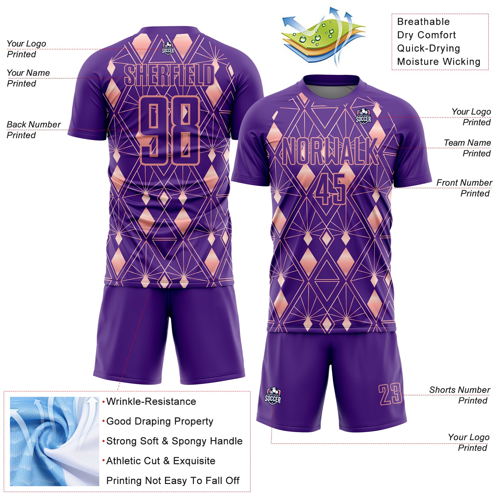 Personalized Purple Light Pink Geometric Shapes Sublimation Soccer Uniform Jersey Team Custom Name and Number Personalized Purple Light Pink Geometric Shapes Sublimation Soccer Uniform Jersey Team Custom Name and Number - Image 4