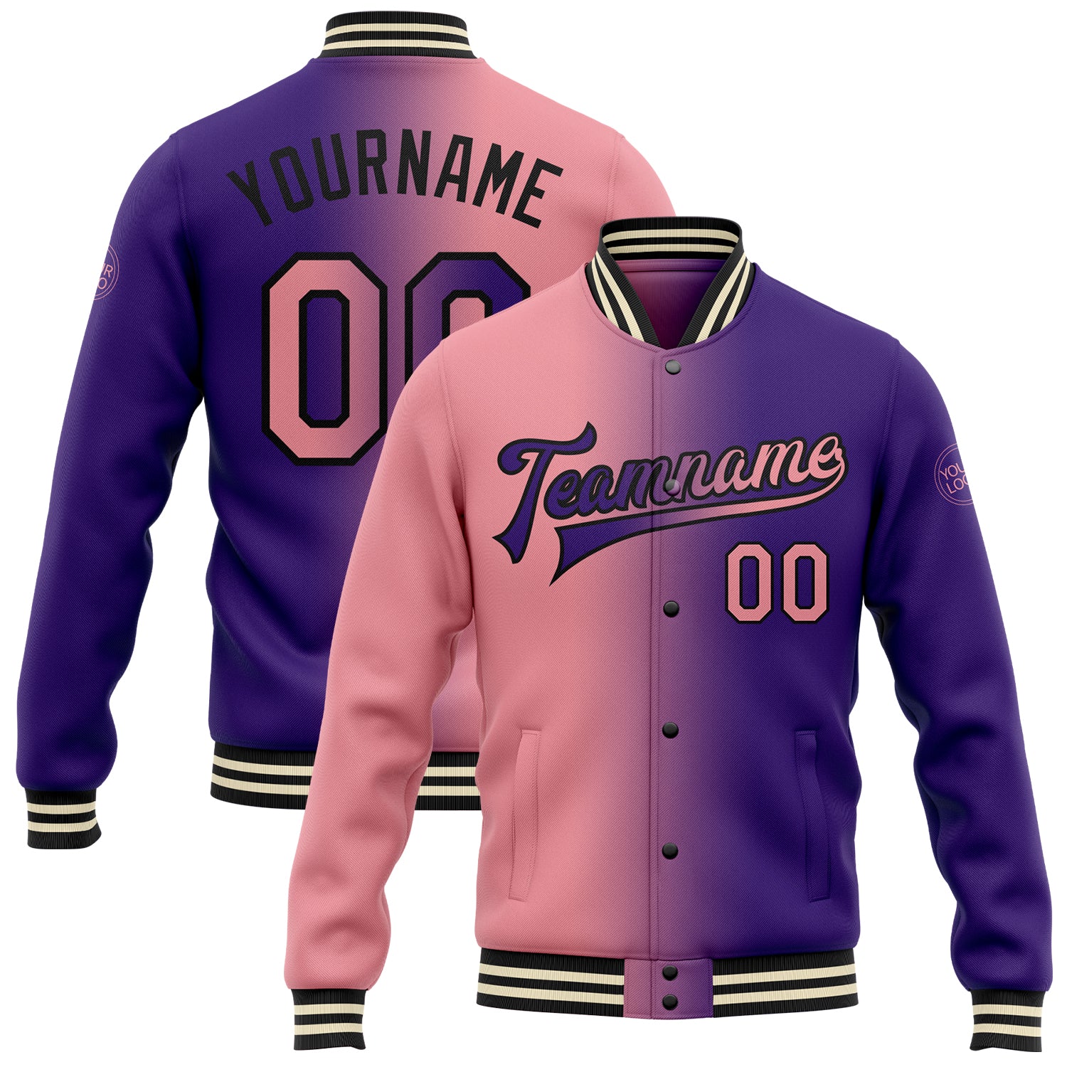Personalized Purple Medium Pink-Black Bomber Full-Snap Varsity Letterman Gradient Fashion Jacket Team Custom Name and Number
