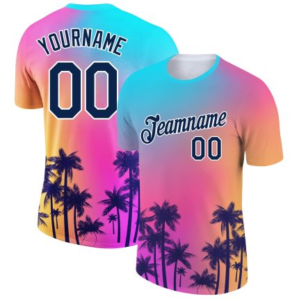Personalized Purple Navy-White 3D Pattern Design Hawaii Palm Trees Performance T-Shirt Team Custom Name and Number