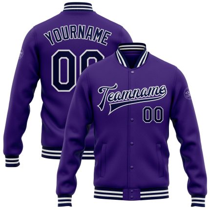 Personalized Purple Navy-White Bomber Full-Snap Varsity Letterman Jacket Team Custom Name and Number