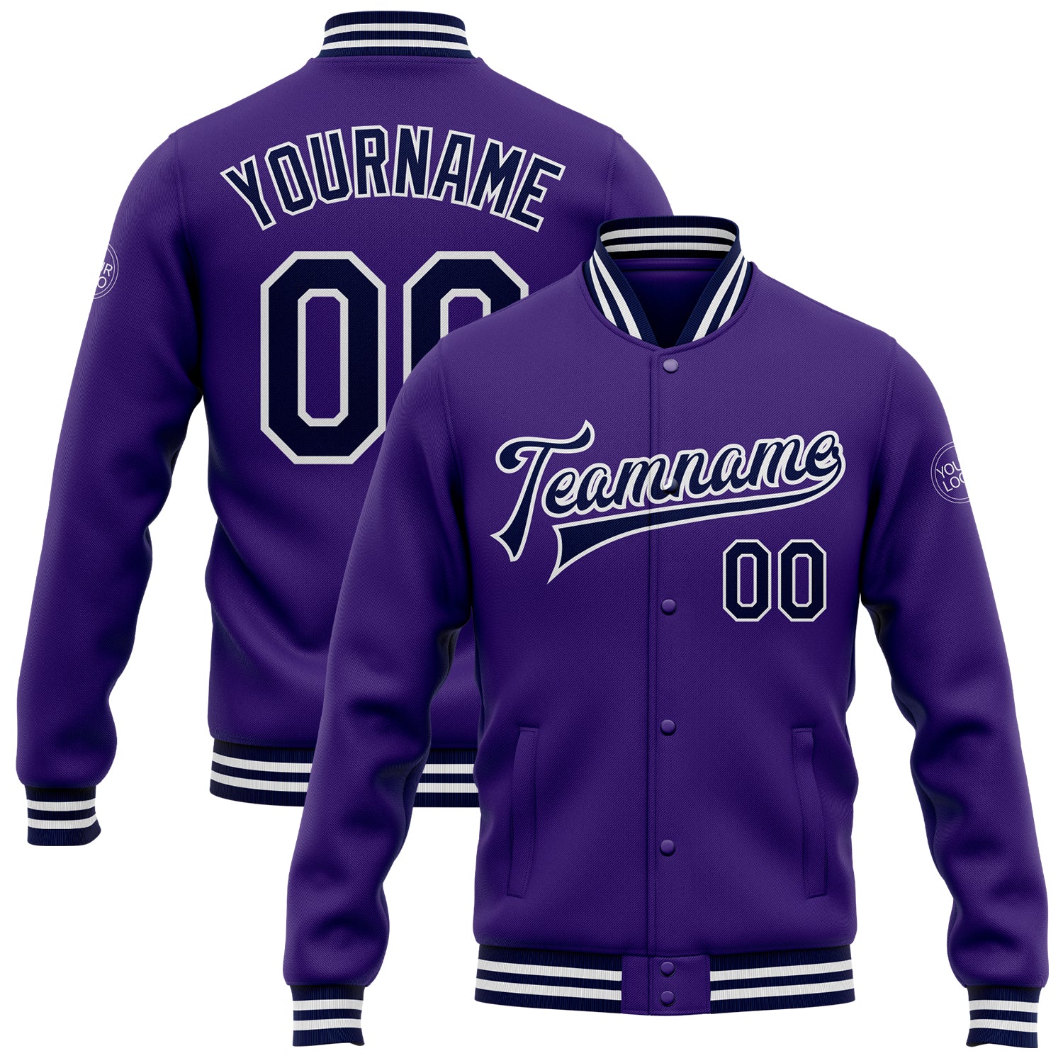 Personalized Purple Navy-White Bomber Full-Snap Varsity Letterman Jacket Team Custom Name and Number