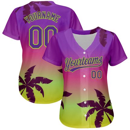 Personalized Purple Neon Green 3D Pattern Design Hawaii Palm Trees Authentic Baseball Jersey Team Custom Name and Number
