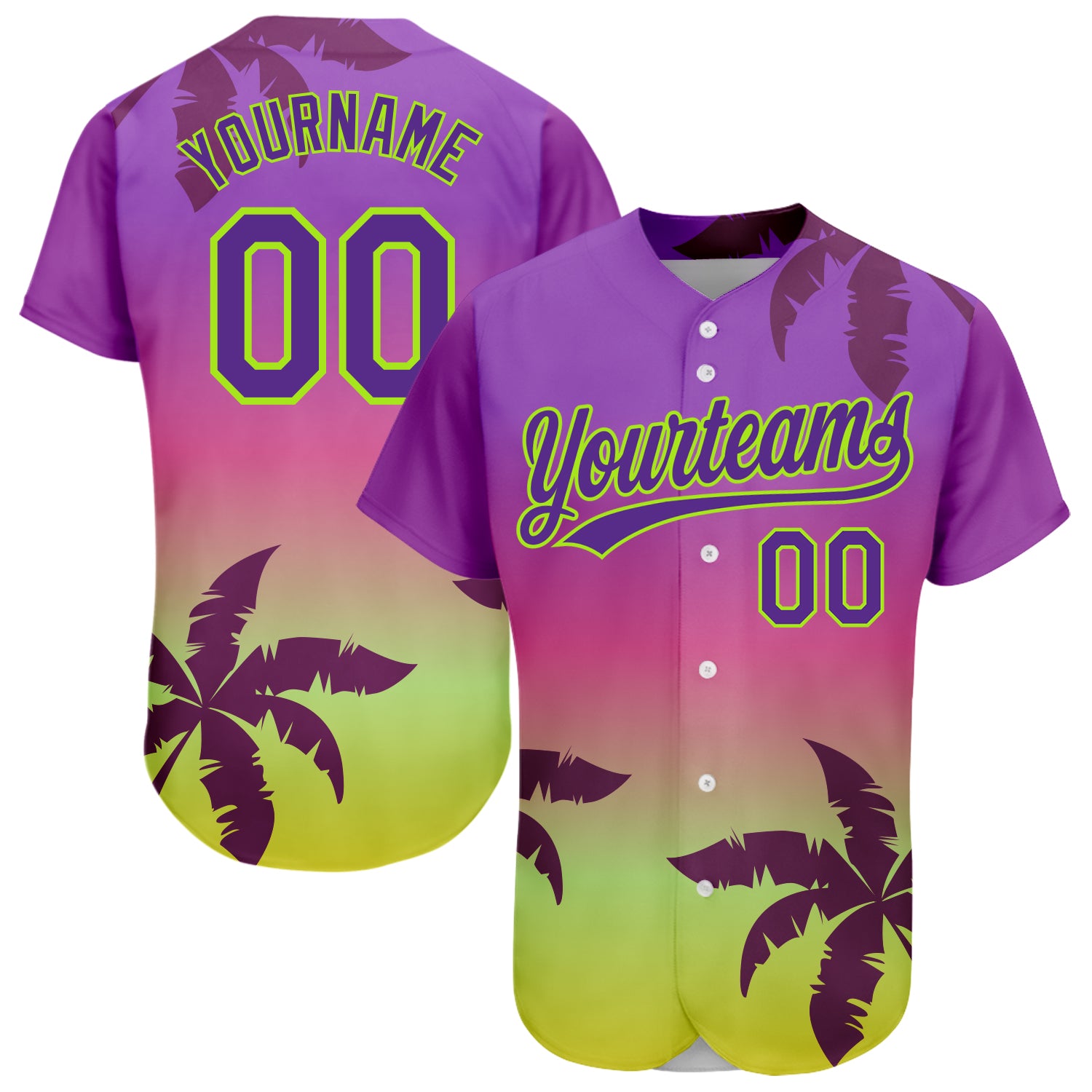 Personalized Purple Neon Green 3D Pattern Design Hawaii Palm Trees Authentic Baseball Jersey Team Custom Name and Number