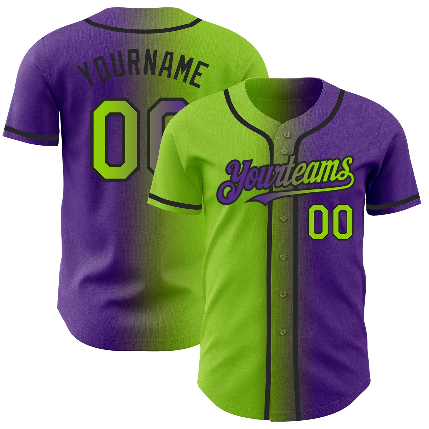 Personalized Purple Neon Green-Black Authentic Gradient Fashion Baseball Jersey Team Custom Name and Number