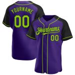 Personalized Purple Neon Green-Black Authentic Raglan Sleeves Baseball Jersey Team Custom Name and Number