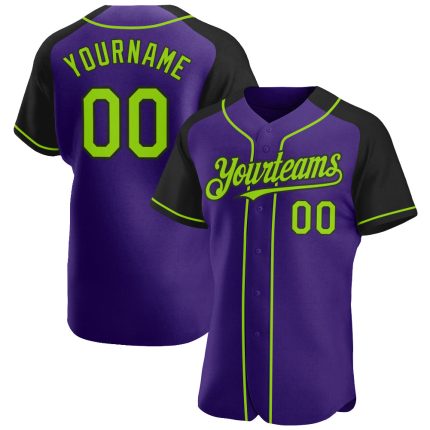 Personalized Purple Neon Green-Black Authentic Raglan Sleeves Baseball Jersey Team Custom Name and Number